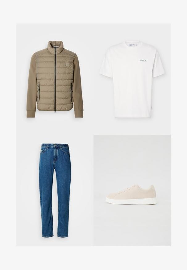 Beige gewatteerd jack met een hoge kraag en ritssluiting. Heeft een doorgestikte structuur aan de voorkant, gladde mouwen en ritssluitingen aan de zijkanten.; Wit T-shirt met korte mouwen en ronde hals, met kleine groene tekst "JUICE IT UP Marc O'Polo Denim" op het linkerborstgebied.; Blauwe rechte spijkerbroek met vijf zakken en een knoopsluiting aan de voorkant op een witte achtergrond.; Beige suède sneakers met witte rubberen zolen, ronde neus en zes veterogen. Gladde textuur met minimalistisch ontwerp.