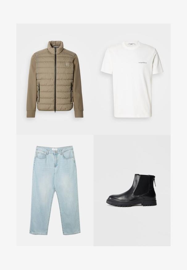 Beige gewatteerd jack met een hoge kraag en ritssluiting. Heeft een doorgestikte structuur aan de voorkant, gladde mouwen en ritssluitingen aan de zijkanten.; Wit katoenen T-shirt met een ronde hals en korte mouwen. Heeft een klein zwart logo en tekst aan de linkerkant van de borst.; Lichtblauwe denim jeans met een relaxte fit, vijf zakken, een knoopsluiting en subtiele vervaging. De textuur is glad en licht versleten.; Zwarte leren enkelboot met een gladde afwerking, elastische mesh zijkanten en een robuuste zool met een zichtbaar profiel.