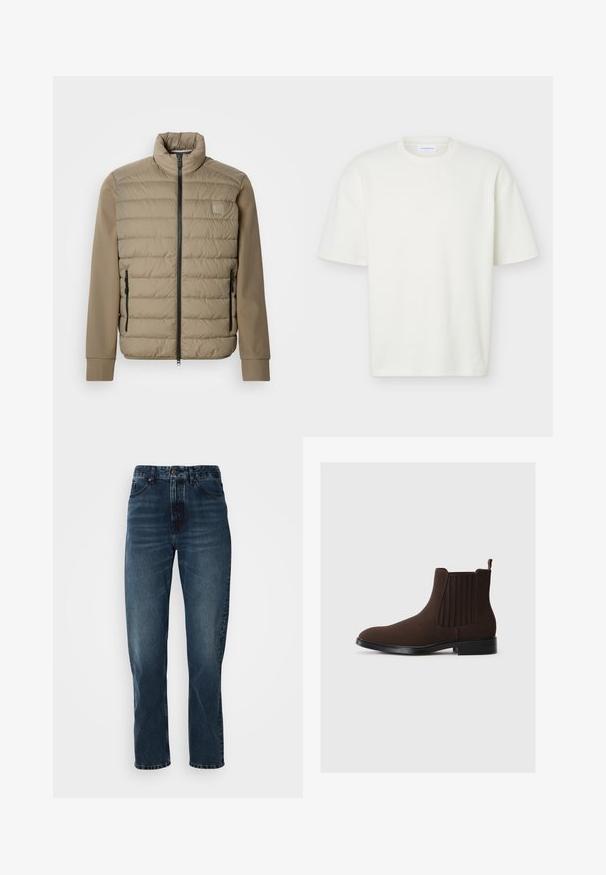 Beige dunjakke med høj krave og lynlåslukning. Har quiltet tekstur på forsiden, glatte ærmer og lynlåslommer i siderne.; Hvid tekstureret T-shirt med korte ærmer og rund hals med en almindelig pasform og et lille mærke indeni kraven.; Mørkeblå lige bukser med frontknap og lynlås, fem-lomme design og subtil fading på lår og knæ.; Brune ruskind Chelsea-støvle med elastiske sidepaneler, lav hæl og trækloop bagpå. Glat tekstur og strømlinet design.