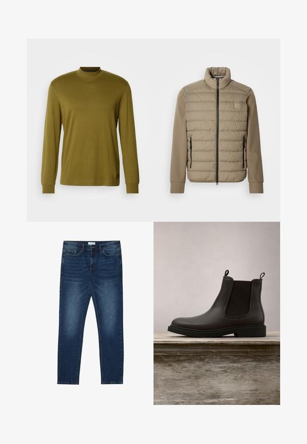 Beige Steppjacke mit hohem Kragen und Reißverschluss. Vorderseite mit gesteppter Textur, glatte Ärmel und seitliche Reißverschlusstaschen.; Olivengrünes Langarm-Turtleneck-Shirt aus weicher Stoff, mit taillierter Passform und geripptem Kragen sowie Ärmeln.; Dunkelblaue Slim-Fit-Jeans mit ausgewaschenen Details, klassischem Fünf-Taschen-Design, Knopfverschluss und Gürtelschlaufen.; Schwarze Chelsea-Boots aus Leder mit elastischen Seitenpaneelen und Zuglaschen, die über einer holzernen Bank im Freien mit einem Hintergrund aus Gras schweben.