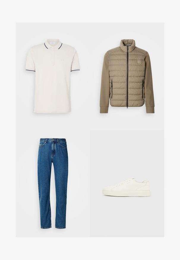 Beige dunjakke med høj krave og lynlåslukning. Har quiltet tekstur på forsiden, glatte ærmer og lynlåslommer i siderne.; Creme polo shirt med en tre-knap lukning, korte ærmer og marineblå krave- og ærmeaksenter. Blødt bomuldsblandingsstof.; Blå lige ben denim jeans med fem lommer og frontlukning med knap på en hvid baggrund.; Hvid lav sneakers med snørebånd foran, glat læderoverflade og tyk gummisål, vist fra ydersiden på en ensfarvet baggrund.