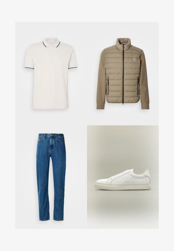 Beige dunjakke med høj krave og lynlåslukning. Har quiltet tekstur på forsiden, glatte ærmer og lynlåslommer i siderne.; Creme polo shirt med en tre-knap lukning, korte ærmer og marineblå krave- og ærmeaksenter. Blødt bomuldsblandingsstof.; Blå lige ben denim jeans med fem lommer og frontlukning med knap på en hvid baggrund.; Hvid lavtop sneaker med snørebånd foran og tyk sål, vist fra siden mod en neutral baggrund.