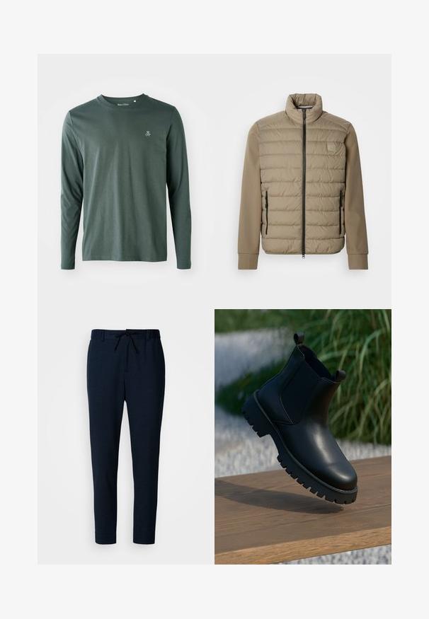 Beige gewatteerd jack met een hoge kraag en ritssluiting. Heeft een doorgestikte structuur aan de voorkant, gladde mouwen en ritssluitingen aan de zijkanten.; Langsleeve shirt in donkergroen katoen met een ronde halslijn, subtiele textuur en klein wit "M OP" logo op de linkerborst.; Donkerblauwe broek gemaakt van een zachte, lichtgewicht stof. Heeft een taille met trekkoord, taps toelopende pijpen en een gladde textuur.; Zwarte leren enkellaarsjes met elastische zijpanelen, ronde neus en robuuste zool, tentoongesteld op een houten oppervlak.