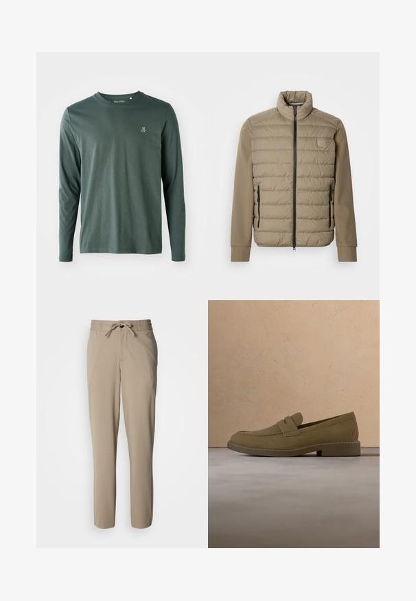 Beige gewatteerd jack met een hoge kraag en ritssluiting. Heeft een doorgestikte structuur aan de voorkant, gladde mouwen en ritssluitingen aan de zijkanten.; Langsleeve shirt in donkergroen katoen met een ronde halslijn, subtiele textuur en klein wit "M OP" logo op de linkerborst.; Beige broek gemaakt van een zachte stof, met een trekkoorden taille en een ontspannen pasvorm, rechte pijpen en zonder zichtbare zakken.; Bruine suède loafer die boven een beige, gestructureerd tapijt zweeft in een woonkamer met een houten salontafel en opgestapelde boeken.