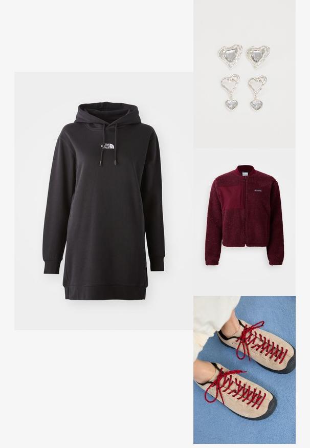 Bordeaux fleecejack met een ritssluiting aan de voorkant, ronde hals, gebreide manchetten en een contrasterend stoffen patch op de borst. Zachte, gestructureerde oppervlakte.; Zwarte hoodie jurk van zachte stof, met een kangoeroezak aan de voorkant, een verstelbare trekkoordcapuchon en een klein logo op de borst.; Beige schoenen met rode veters, geplaatst op een blauwe, gestructureerde ondergrond, onthullen gedeeltelijk de enkel van een persoon. De schoenen hebben een sportief ontwerp.; Zilveren hartvormige oorbellen hebben facetteerbare heldere stenen en een textuurframe. De set bevat stud- en hangende stijlen.