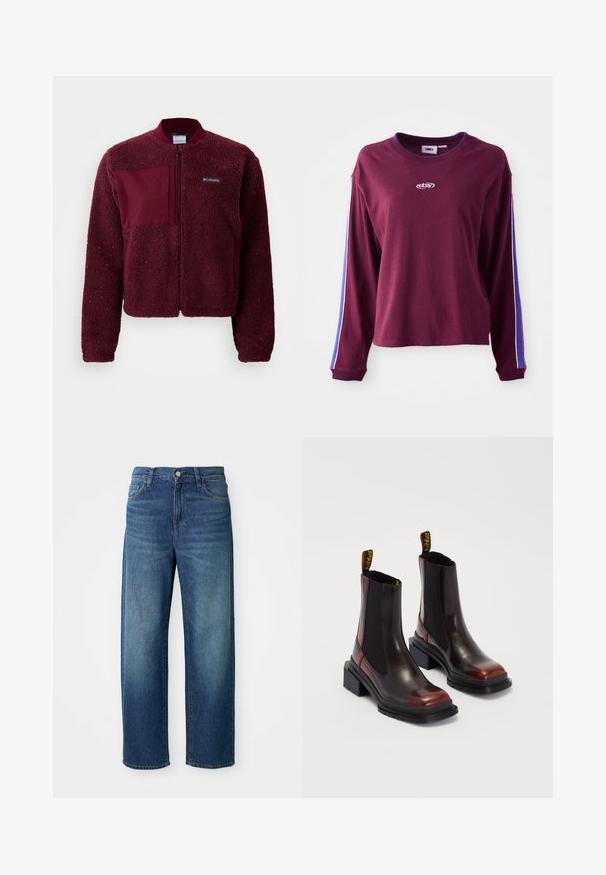 Bordeaux fleecejack met een ritssluiting aan de voorkant, ronde hals, gebreide manchetten en een contrasterend stoffen patch op de borst. Zachte, gestructureerde oppervlakte.; Bordeaux langemouwen shirt van katoen, met blauwe en witte strepen langs de mouwen en een logo in het midden. Normale pasvorm.; Blauwe denim jeans, wijd uitgesneden ontwerp, middelhoge taille, subtiele vervaging, vijfzakkenstijl, met een knoop- en ritssluiting, rechte zoom.; Dr. Martens MAYBOLE CHELSEA - Enkellaarsjes met plateauzool - black/cherry red