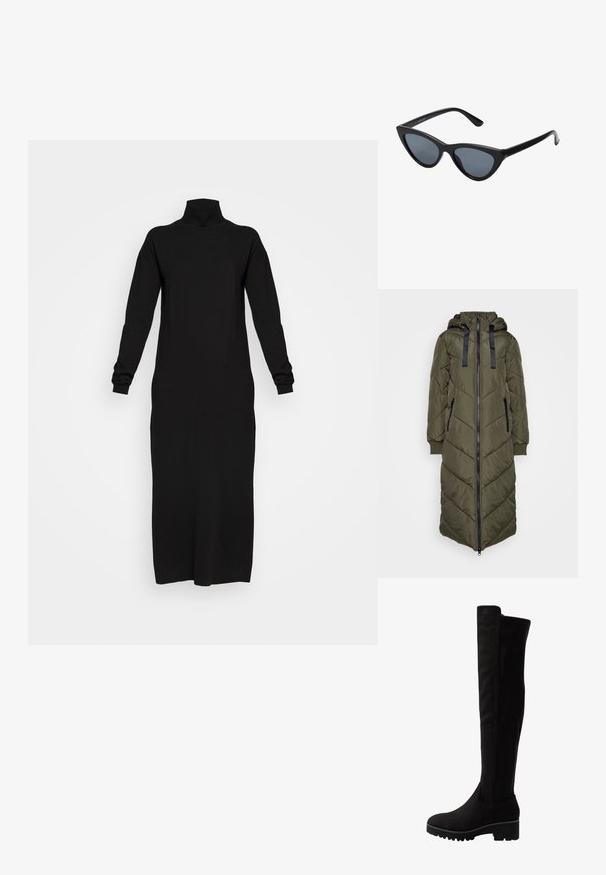 Long manteau matelassé vert olive avec capuche, présentant une fermeture éclair à l'avant, deux poches latérales et un motif en chevrons. Des sangles noires mettent en valeur la capuche.; Robe noire à manches longues et col roulé, en tissu doux, légèrement ajustée, atteignant mi-mollet, avec des poignets et un col côtelés.; Bottes noires au-dessus du genou en suede doux avec une semelle plate, dotées d'un bout rond et de panneaux élastiques sur les côtés pour un enfilage facile.; Lunettes de soleil noires en forme d'œil de chat avec des verres gris foncé, monture en plastique élégante, coins pointus et branches droites. Pas de métal visible ni d'accents.