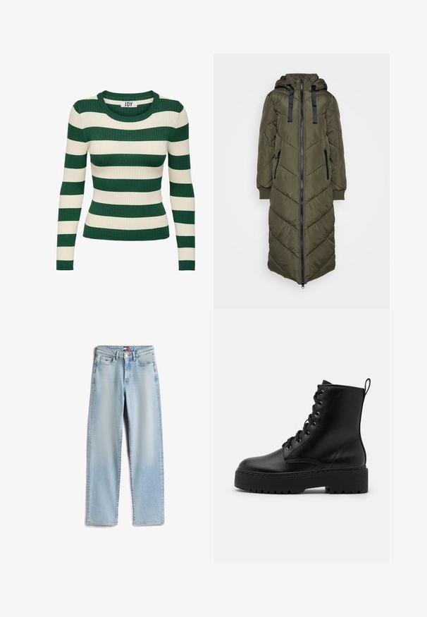 Long manteau matelassé vert olive avec capuche, présentant une fermeture éclair à l'avant, deux poches latérales et un motif en chevrons. Des sangles noires mettent en valeur la capuche.; Pull à rayures vertes et crème, à manches longues, en maille côtelée, avec un col rond et une coupe ajustée, présentant une texture de tricot contrastante.; Jean bleu clair à jambes droites avec un design classique à cinq poches et une fermeture à boutons, avec un petit logo de la marque sur la poche avant.; Bottine en cuir noir avec une semelle épaisse et texturée, bout rond et œillets en métal pour les lacets. Présente une languette à l'arrière.