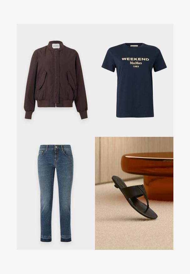Mørkebrun bomberjakke med stående krave, frontlynlås skjult bag klap, to skrå klaplommer og ribstrikkede manchetter og liv.; Mørkeblå T-shirt med korte ærmer med beige tekst "WEEKEND MaxMara 1983" trykt på fronten mod en ensfarvet baggrund.; Mørkeblå denim jeans med lige ben, der har en klassisk knaplukning og fem lommer. Let falming på lårene.; Sort læder tåsandal med lav hæl, svævende over beige tæppe nær et rundt brunt bord i en minimalistisk indendørs indstilling.
