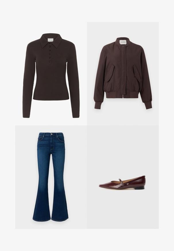 Veste bomber marron foncé avec col montant, fermeture éclair devant cachée par un rabat, deux poches à rabat inclinées et poignets et ceinture côtelés.; Polo-shirt à manches longues marron foncé avec six boutons noirs et un petit logo brodé sur la poitrine gauche.; Jean flare bleu foncé taille haute, en denim. Comprend des poches standard, une fermeture à boutons sur le devant et une texture lisse.; Chaussure plate en cuir verni bordeaux avec un bout pointu et une sangle décorative sur le cou-de-pied. Présente un petit talon noir.