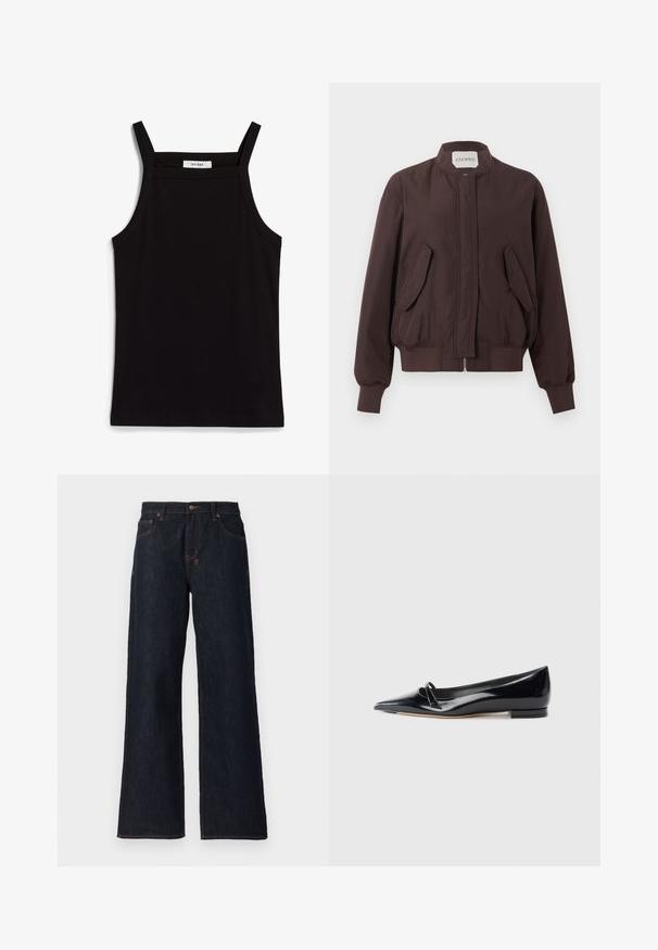 Dunkelbraune Bomberjacke mit Stehkragen, vorderem Reißverschluss, der von einer Blende verdeckt wird, zwei schrägen Klapptaschen und gerippten Bündchen an Ärmeln und Saum.; Schwarzes Tanktop mit dünnen Spaghetti-Trägern, aus geripptem Stoff, mit geradem Schnitt und einem Etikett am Hals, auf dem "IVY OAK" steht.; Dunkelblaue weit geschnittene Jeans aus Denim, mit orangen Nähten, zwei Gesäßtaschen und einem Knopfverschluss am Bund.; Schwarze Lackleder-Ballerina mit spitzem Zehenbereich, kleinem dekorativen Riemen und niedrigem Blockabsatz. Glatte Textur und elegantes Design.