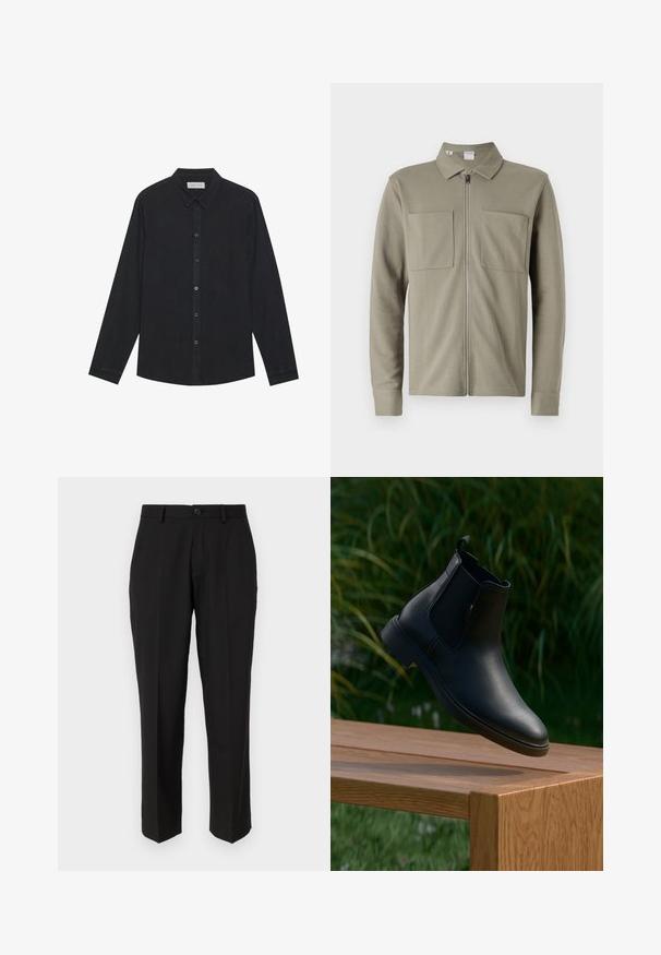 Veste zippée vert olive en tissu texturé, avec un col et deux grandes poches avant. Manches longues avec des ourlets à double retour.; Chemise noire à manches longues en tissu doux, avec un devant à boutons, un col et un ourlet droit avec une texture subtile.; Pantalon noir en tissu lisse, présentant une coupe droite, des poches avant, un bouton simple de fermeture et sans motifs visibles.; Bottine en cuir noir flottant au-dessus d'un banc en bois, avec de l'herbe verte et des plantes en arrière-plan flou.