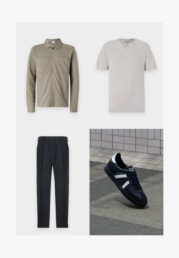 Olijfgroene ritsjack van gestructureerde stof, met een kraag en twee grote voorzakken. Lange mouwen met gestikte boorden.; Korte mouwen, grijs en wit gestreept T-shirt met een ronde kraag en twee-knopen detail bij de halslijn. Zachte stof met een casual pasvorm.; Grijze wolmix broek met twee voorplooien, riemlusjes, zijzakken en een knoopsluiting. Rechtdoorgaand ontwerp met een zachte textuur.; Zwarte leren sneaker met witte strepen, een gestructureerde rubberen zool en vetersluiting aan de voorkant. Voorzien van een merklabel op de tong.