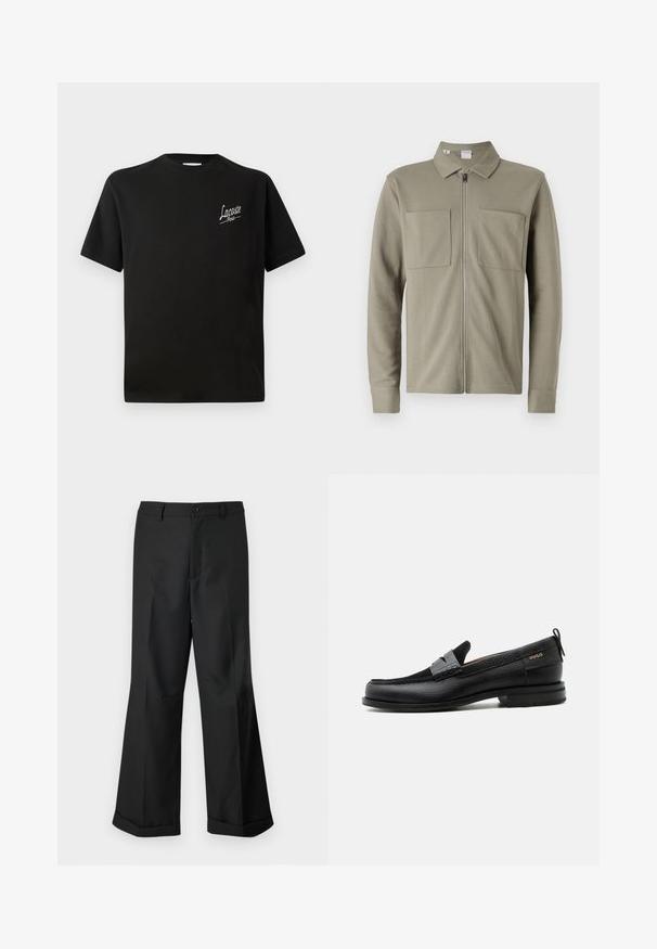Veste zippée vert olive en tissu texturé, avec un col et deux grandes poches avant. Manches longues avec des ourlets à double retour.; T-shirt en coton noir à manches courtes, arborant un logo "Lacoste" blanc imprimé sur la poitrine gauche. Conception col rond.; Pantalons noirs à jambes larges avec taille boutonnée et ourlets retroussés, présentés sur un arrière-plan blanc uni.; Mocassin en cuir noir avec détail de bride grise, talon bas et semelle texturée, marqué "HUGO" en or sur le côté.