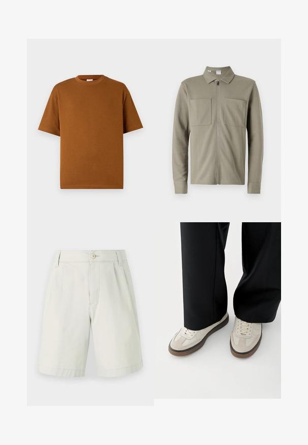 Olivengrøn lynlåsjakke lavet af tekstureret stof, med krave og to store forlommer. Lange ærmer med manchetter.; Brun kortærmet t-shirt lavet af blødt stof, med rund halsudskæring og afslappet pasform med lige kant. Ingen synlige mønstre eller accenter.; Lysegrønne bomuldsshorts med en lukning med knap, plisseret design og to sidelommer; glat tekstur med lige ben-cut.; Fødder iført beige sneakers med brune såler og sorte bukser med vide ben på hvid baggrund.