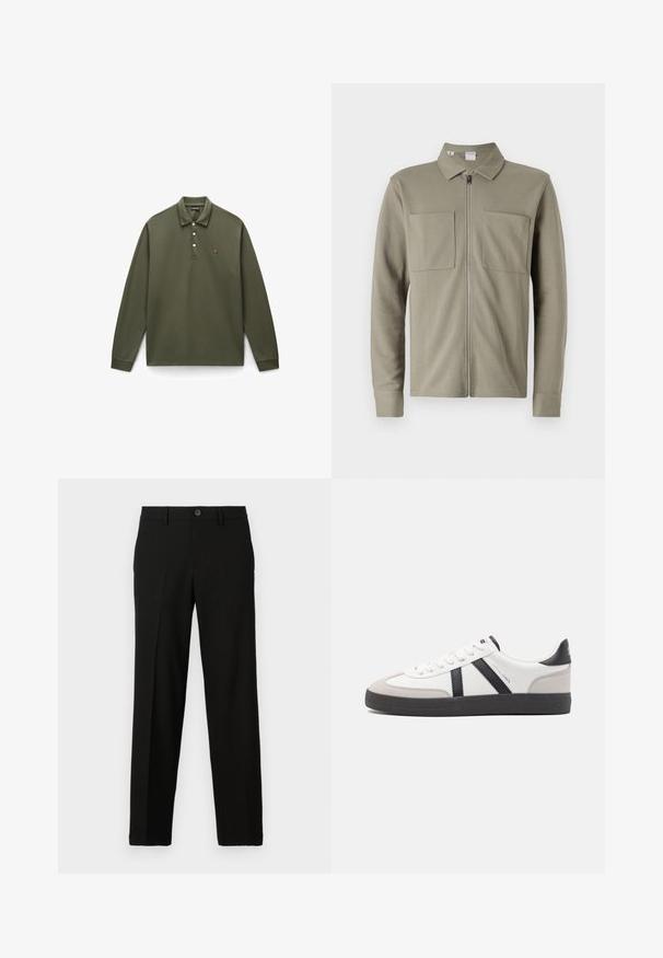 Olivgrüne Zip-Jacke aus strukturiertem Stoff, mit einem Kragen und zwei großen Fronttaschen. Lange Ärmel mit umgelegten Säumen.; Olivegrünes Langarm-Polohemd aus Baumwolle mit einer Knopfleiste mit drei Knöpfen, gerippten Bündchen und einem kleinen gestickten Logo auf der Brust.; Schwarze Hose aus glattem Stoff, mit geradem Schnitt, einem Knopfverschluss an der Taille und ohne sichtbare Muster oder Akzente.; Weiße Sneaker mit schwarz- und grau-aczenten, ausgestattet mit einer strukturierten grauen Zehenkappe, schwarzer Gummi-Sohle und flachen weißen Schnürsenkeln. Sauberes Design, minimalistische Stil.