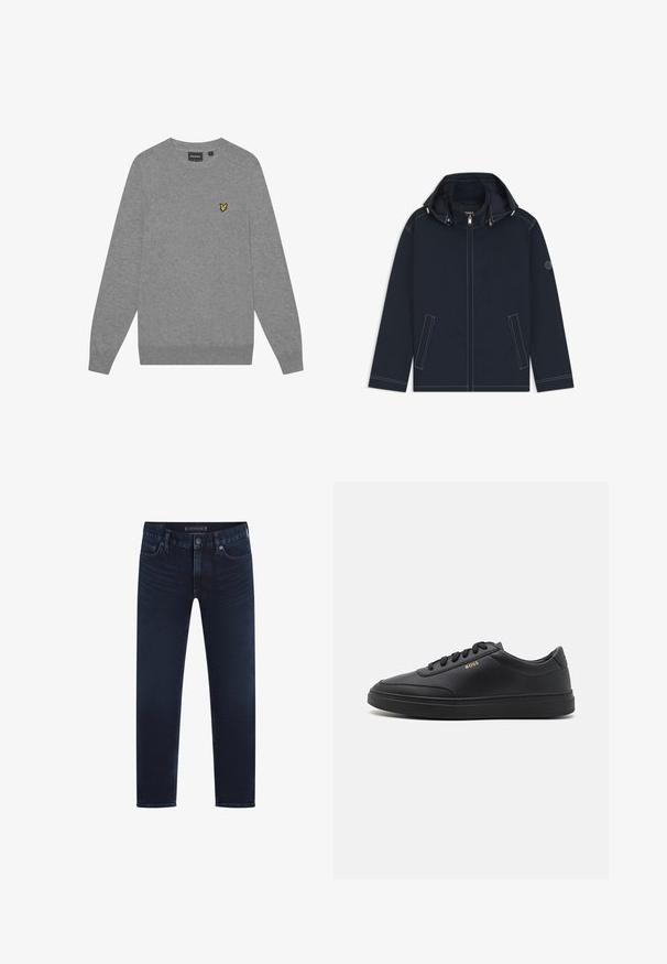 Tmavomodrá nepremokavá bunda so zapínaním na zips vpredu, nastaviteľnou kapucňou a dvoma bočnými vreckami. Má kontrastné biele šitie a detail loga.; Sivý sveter s dlhými rukávmi, okrúhlym výstrihom a rebrovanými manžetami. Na ľavej hrudi sa nachádza malé žlté výšivkové logo. Vyrobený z mäkkej látky.; Tmavomodré džíny z denimu so rovný strihom, s klasickým dizajnom piatich vreciek, zapínaním na gombík a jemným vyblednutím na nohách.; Čierne kožené tenisky s hladkou textúrou, okrúhlou špičkou, plochou gumovou podrážkou a tónovanými šnúrkami. Obsahujú zlaté logo "BOSS" na boku.