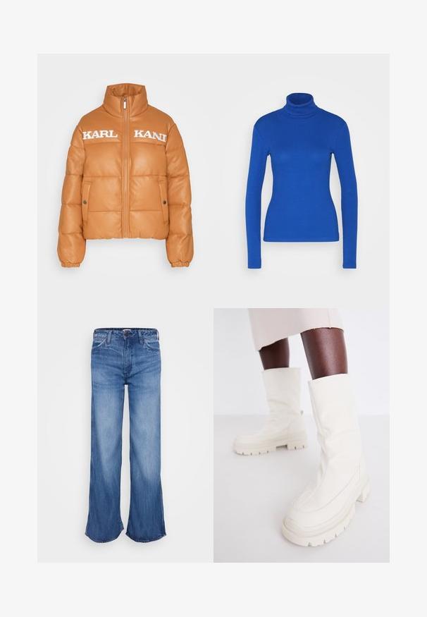 Gevoerde oranje jas met hoge kraag, ritssluiting en zijzakken. Heeft de reliëf tekst "KARL KANI" op de borst. Soepele leer-achtige textuur.; Blauw langetermijn turtleneck shirt gemaakt van ribstof, met een getailleerde silhouette en een gladde textuur. Geen extra details aanwezig.; Blauwe jeans met hoge taille en wijde pijpen, lichte vervaging op de dijen, standaard ontwerp met vijf zakken en knoopsluiting in de taille.; Witte enkelboots met een zachte, gestructureerde afwerking, voorzien van een robuuste rubberen zool en een sculpturale vorm voor een modern ontwerp.