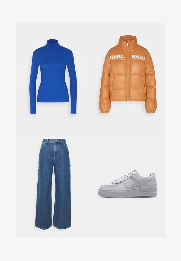 Polstret orange jakke med høj krave, lynlås lukning og sidelommer. Har præget "KARL KANI" bogstaver på brystet. Glat lædertekstur.; Blå langærmet turtleneck top lavet af ribbet materiale, med en tætsiddende silhuet og glat tekstur. Ingen yderligere detaljer til stede.; Bredde ben blå denimbukser med høj talje, kontrastsyede sømme og sidelommer, med et klassisk fem-lomme design og rå kanter.; Grå Nike Air Force 1 sneakers med perforeret tå, glat læderoverdel, tyk sål og præget 'AIR' detalje på hælen.