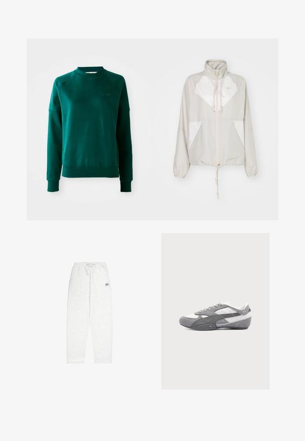 Heledane hall grey tuulejakker valgete aksentidega, kõrge kaelus, paelad vöökoht, elastsed varrukad ja kaks eesmist taskut. Lacoste logo on väljas.; Roheline ümar kaelusega pusakk, millel on raglanvarrukad, valmistatud pehmest kangast. Omab soonikust krae ja mansette ning diskreetset brändingu elementi rinnal.; Heledad hallhalli, mis on valmistatud pehmest kangast, elastse vöökoha ja paelaga, küljetaskud ning väike logo ees.; Hall ja valge madala profiiliga Puma toss, kus on seemisnahast ja võrgust detailid, paelad ja kõver tallapõhi ühevärvilise heleda taustaga.
