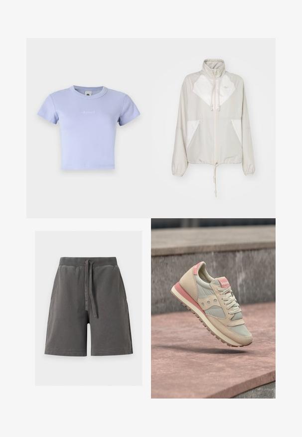 Veste coupe-vent gris clair avec des accents blancs, col montant, taille avec cordon de serrage, poignets élastiques et deux poches avant. Logo Lacoste affiché.; T-shirt court en coton ribcé de couleur violet clair avec des manches courtes et un col rond. Présente un logo brodé subtil sur le devant.; Shorts décontractés gris foncé avec taille élastique et cordon à l'avant, fabriqués en tissu doux et texturé, présentés sur un fond clair uni.; Baskets Saucony Jazz beige clair et rose avec des lacets blancs, une semelle intermédiaire et une semelle extérieure en caoutchouc texturé, flottant au-dessus d'une surface en pierre.