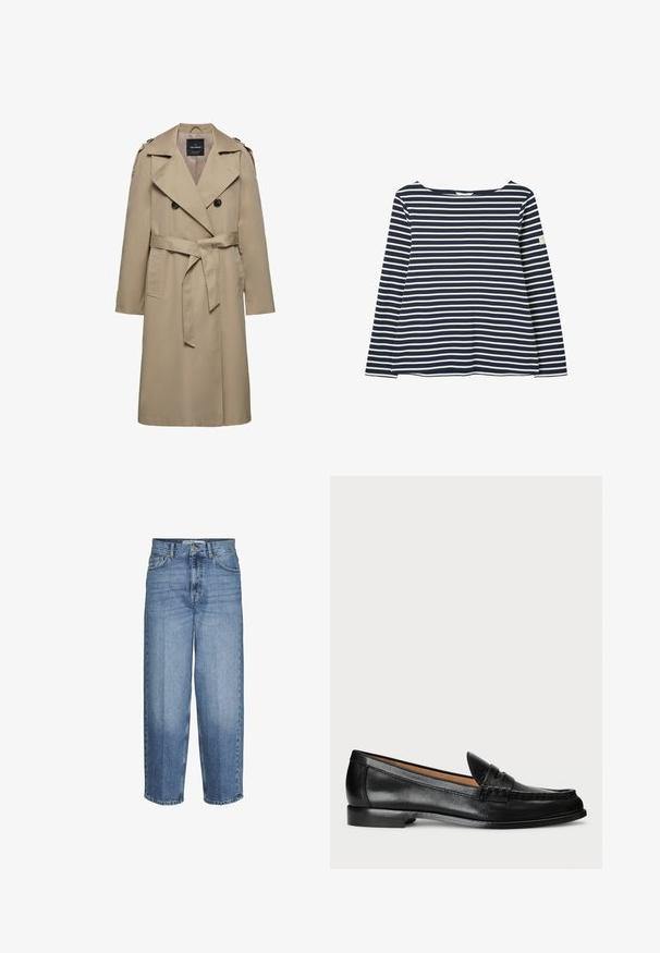 Beige dobbeltradet trenchcoat med brede slag, bælte i taljen, skulderstropper og sidelommer, mellemlang længde med foret indvendigt.; Navyblå og hvid langærmet skjorte med vandrette striber og rund halsudskæring, med et lille mærke på venstre ærme.; Lyseblå denim bukser med vid benvidde og høj talje, fem lommer og en falmet finish. Har en lynlås i fronten og bæltestropper.; Lauren Ralph Lauren WYNNIE - Loafers - black