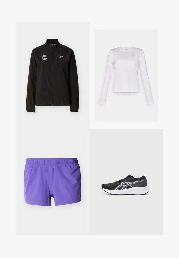Zwarte fitnessjas met volle ritssluiting, witte "WORLD SERIES OF FITNESS RACING" en "HYROX" logo's, elastische manchetten en hoge kraag, op een effen achtergrond.; New Balance ATHLETICS - Longsleeve - taro heather; Paarse sportkorte broek met elastische tailleband en kleine perforaties voor ademend vermogen, weergegeven tegen een effen achtergrond.; Zwarte sportieve schoenen met een gestructureerde mesh bovenkant, witte accenten en een gewatteerde witte zool. Heeft een logo aan de zijkant en veters.