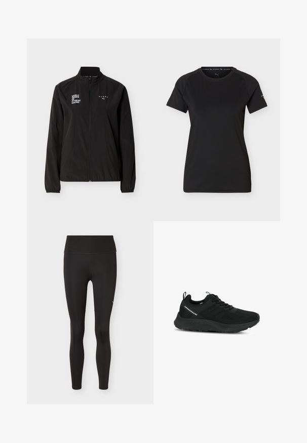 Zwarte fitnessjas met volle ritssluiting, witte "WORLD SERIES OF FITNESS RACING" en "HYROX" logo's, elastische manchetten en hoge kraag, op een effen achtergrond.; Zwart atletisch T-shirt met korte mouwen en ronde hals, Puma-logo op de borst en Hyrox-bedrukking op mouw en kraag.; Zwarte high-waist leggings met volledige lengte van gladde stof en minimale stiksels, weergegeven op een effen lichte achtergrond.; Zwarte sportschoen met een textuur bovenwerk, meshpanelen en een gewatteerde zool. Voorzien van veters en een trekkraag aan de hiel voor gemakkelijk aan- en uittrekken.