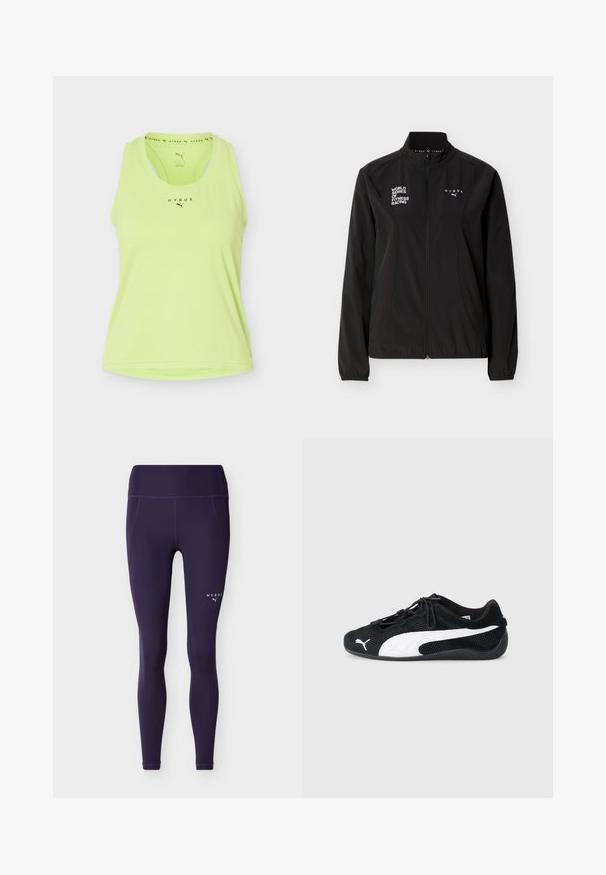 Veste de fitness noire à fermeture éclair complète avec logos blancs "WORLD SERIES OF FITNESS RACING" et "HYROX", poignets élastiques et col montant sur fond uni.; Débardeur sportif sans manches vert clair avec les logos HYROX et Puma sur le devant et à l'intérieur de l'encolure.; Leggings de sport taille haute bleu marine avec coutures latérales, présentant de petits logos blancs "HYROX" et Puma sur la cuisse supérieure.; Chaussures de sport noires en matériau mesh et suède, avec un logo Puma blanc, des lacets élastiques et une semelle en caoutchouc texturée.