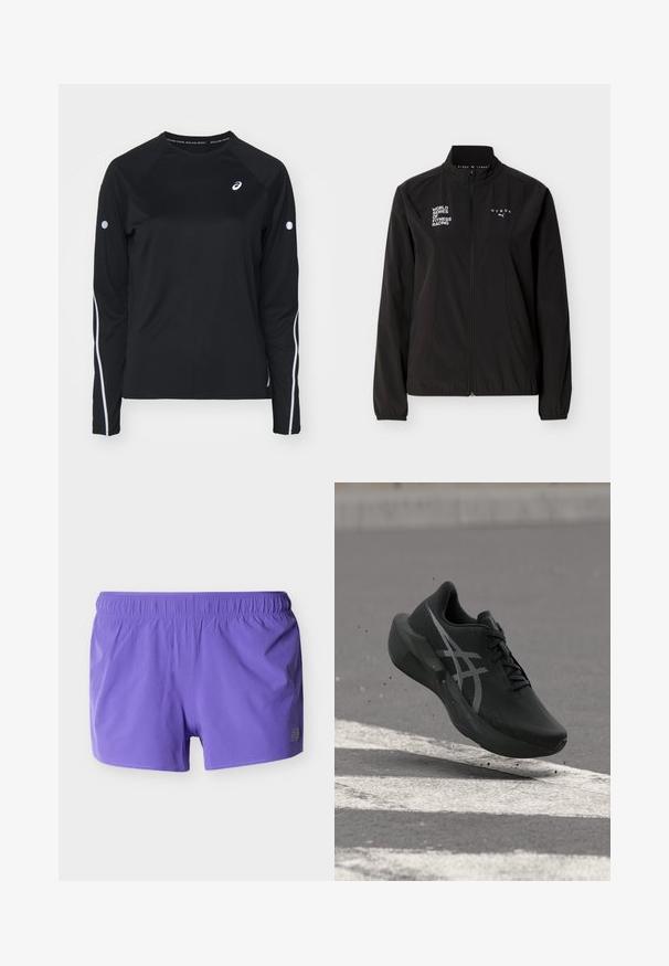 Veste de fitness noire à fermeture éclair complète avec logos blancs "WORLD SERIES OF FITNESS RACING" et "HYROX", poignets élastiques et col montant sur fond uni.; T-shirt de sport noir à manches longues avec des manches raglan, bandes réfléchissantes blanches sur les côtés et col rond. Présente un petit logo sur la poitrine.; Shorts de sport violets avec une ceinture élastique et de petites perforations pour la respirabilité, présentés sur un fond uni.; Chaussure de course noire avec logo blanc en plein air au-dessus de l'asphalte avec marquage routier blanc et petits débris soulevés en dessous.