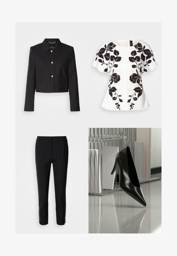 Veste noire courte avec col, cinq boutons dorés et deux poches avant. Fabriquée en tissu lisse avec un design élégant et ajusté.; Haut blanc avec un motif floral noir, manches courtes et décolleté arrondi. Silhouette structurée avec un ourlet style peplum. Fermeture éclair à l'arrière.; Un pantalon noir avec une coupe droite, fabriqué en tissu lisse. Présente des accents zippés sur les côtés inférieurs. Un style épuré et minimaliste.; Chaussure noire à talon haut avec bout pointu et logo doré, posée sur une surface réfléchissante près d'un organiseur de dossiers en fil chromé contenant des documents.