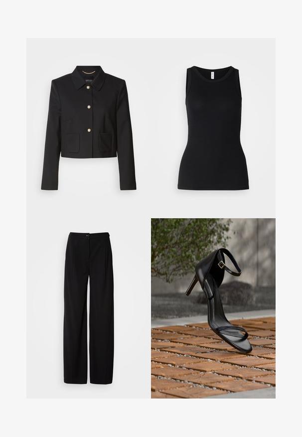 Veste noire courte avec col, cinq boutons dorés et deux poches avant. Fabriquée en tissu lisse avec un design élégant et ajusté.; Débardeur noir sans manches en tissu côtelé, avec un col rond et une coupe ajustée, à la texture douce et sans motifs.; Pantalons large en noir avec un tissu tissé lisse ; dotés d'une fermeture à bouton et d'un design plissé pour une silhouette structurée.; Sandale noire à talon haut avec sangle à la cheville, suspendue au-dessus d'un sol en carreaux de bois à l'extérieur, avec un arrière-plan flou de verdure et de pierre.