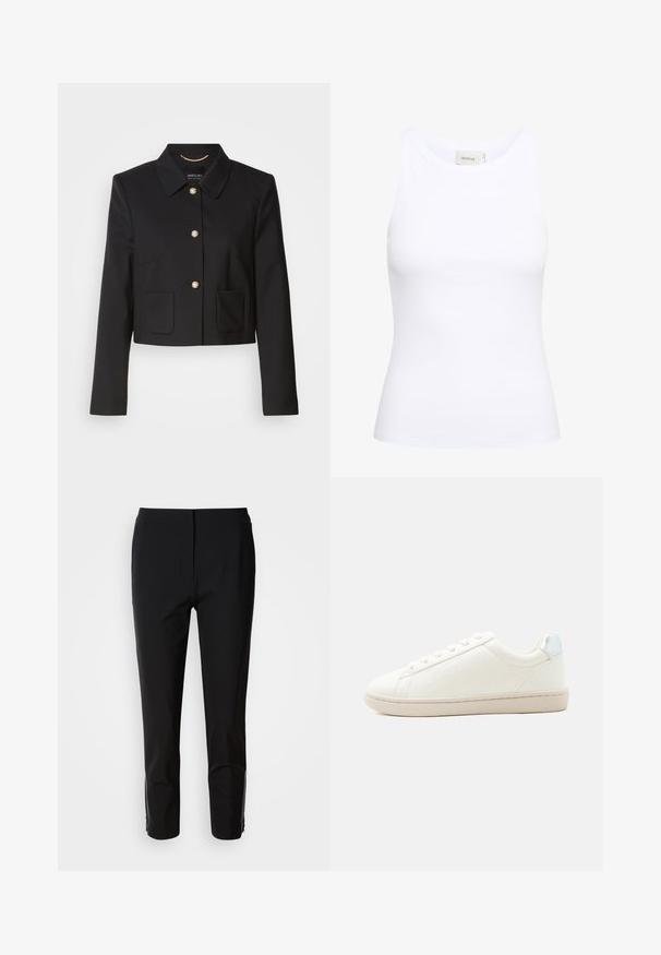 Chaqueta negra corta con cuello, cinco botones dorados y dos bolsillos frontales. Hecha de una tela suave con un diseño elegante y entallado.; Top sin mangas de canalé blanco con escote redondo. Tejido elástico y diseño ajustado. La etiqueta en la parte posterior dice "GESTUZ."; Pantalones negros con un diseño de pierna recta, fabricados en una tela suave. Presenta detalles con cremallera en los laterales inferiores. Estilo limpio y minimalista.; Zapatilla blanca de corte bajo con cordones en la parte frontal, suela beige clara, diseño sutil con costuras en el lateral y lengüeta metalizada plateada en el talón.