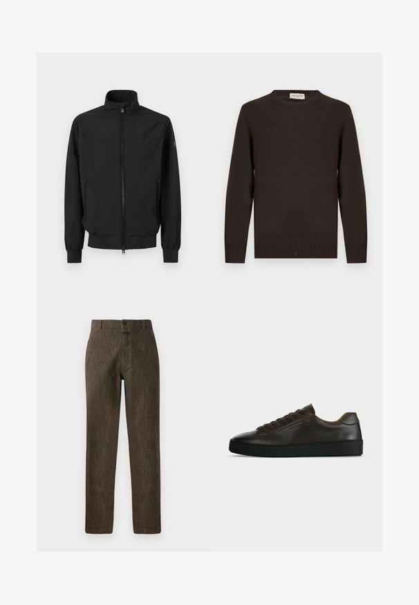 Veste noire zippée avec col montant, poignets élastiques et poches latérales zippées, présentée sur un fond blanc uni.; Pull en tricot marron avec un col rond, des poignets côtelés et un ourlet côtelé. Texture lisse sans motifs ni accents. Design simple et forme classique.; Pantalons en velours côtelé marron avec des rayures verticales, une coupe droite et une fermeture à bouton à l'avant. Texture lisse avec un design classique.; Baskets basses en cuir marron foncé avec semelle en caoutchouc noire, lacets à l'avant et design minimaliste épuré sur fond clair.