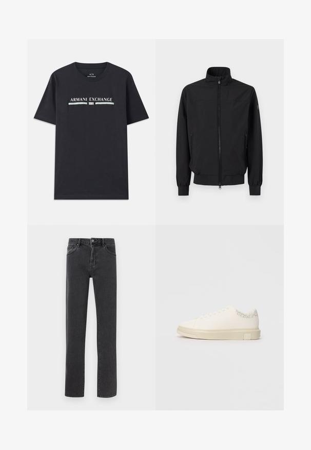 Zwarte jas met ritssluiting, opstaande kraag, elastische manchetten en ritssluitingen aan de zijkanten, weergegeven op een effen witte achtergrond.; Zwarte katoenen t-shirt met het logo "Armani Exchange" en "1991" in witte en lichtblauwe tekst op de borst. Korte mouwen, ronde hals.; Zwarte straight-leg spijkerbroek met knoop- en ritssluiting aan de voorkant, ceintuurlussen en voor- en achterzakken, plat uitgestald op een lichte achtergrond.; Witte sneaker met een gladde canvas bovenkant, platte veters, gevoerde kraag en een gestructureerde grijze accent aan de achterkant. Dikke rubberen zool.