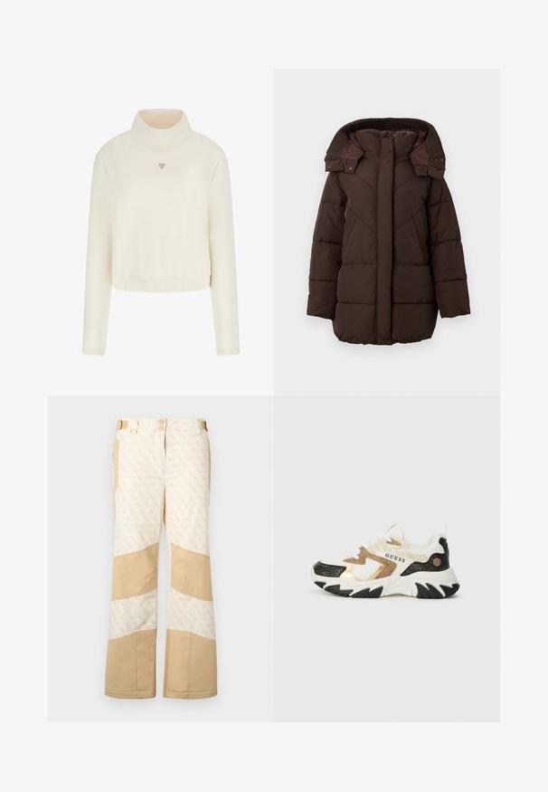 Brauner gepolsterter Wintermantel mit hohem Kragen und abnehmbarem Kapuzen, langen Ärmeln undFronttaschen, auf weißem Hintergrund präsentiert.; Guess Sweatshirt - crema; Beige Schneehose mit gemustertem Stoff und einfarbigen Akzenten. Verfügt über zwei Knöpfe, mehrere Taschen und weite Beine. Strukturiertes Finish.; Sneaker mit einem Obermaterial aus Netzgewebe, goldenen und schwarzen Akzenten sowie weißen Schnürsenkeln. Dicke schwarze Sohle mit einem Zickzackmuster und dem "GUESS"-Logo an der Seite.