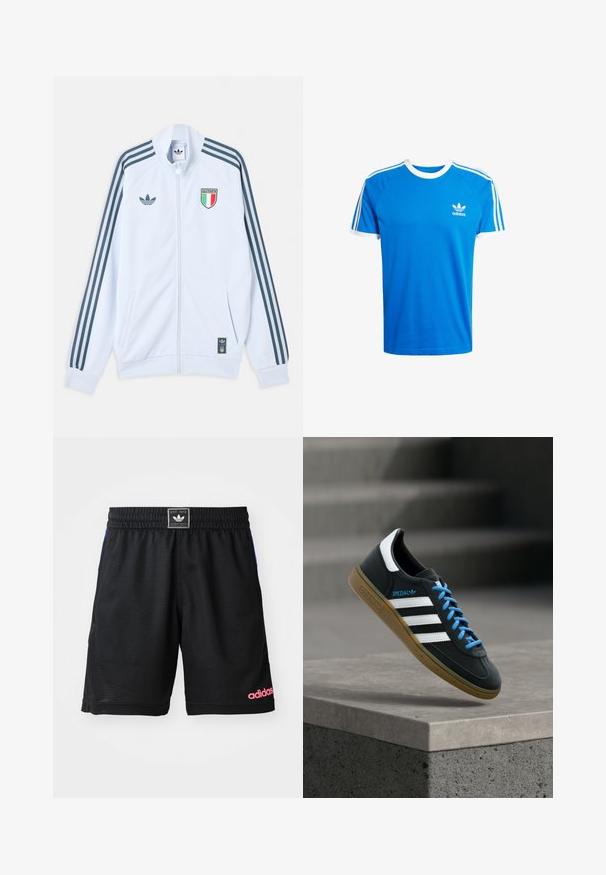 Hvid Adidas jakke med lynlås med mørkeblå striber på ærmerne, Italiens våbenskjold på brystet og Adidas-logo foran og på den nederste kant.; Blå bomulds t-shirt med hvid ribbet rund hals og ærmesømme. Har klassiske tre hvide striber langs skuldrene; lille logo på brystet.; Sort sportsshorts lavet af tekstureret, åndbart stof. Har en elastisk talje og et pink "adidas"-logo på den nederste højre side.; Sort Adidas sneaker med hvide striber, blå snørebånd og gummisål, der svæver over gråt betontrin i blødt lys.