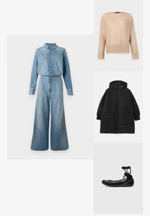 Sort, quiltet hættejakke med frontlynlås, to store påsyede lommer, manchetter ved ærmerne og justerbare snore i hætten.; Denimskjorte og jumpsuit med vide ben i lys blå. Har krave, knaplukning, lange ærmer og en bælte i taljen for pasform.; Beige ribstrikket sweater med lange ærmer, bred rund hals, afslappet pasform og subtil tekstur; vist på en ensfarvet lys baggrund.; Sorte ballet flats med overdel af ruskind, gummisål og krydsbundne snørebånd. Med en rund tå og en struktureret sideaccent.