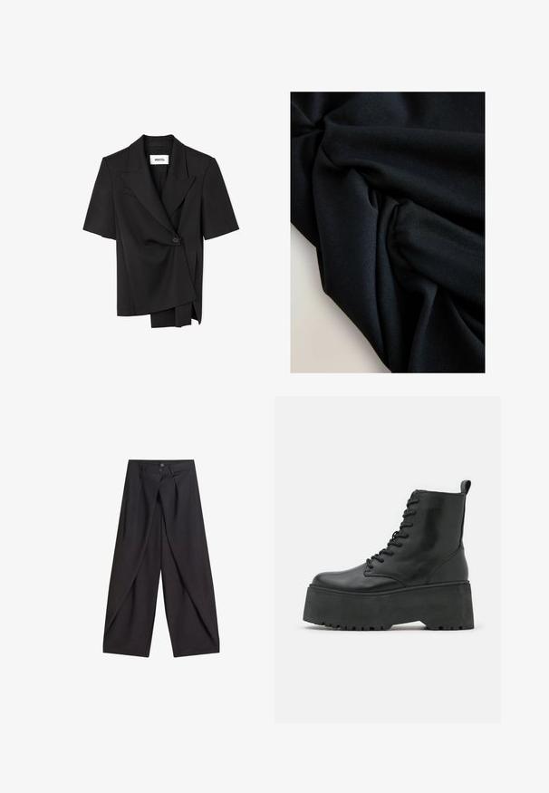 Asymmetrischer schwarzer Kurzarmblazer mit Ein-Knopf-Verschluss und weitem Revers, mit einem geschichteten Frontdesign und IPEKYOL Markenlabel.; Schwarzer Stoff mit sichtbarer Textur und Falten, die weiche Schatten und Lichtreflexe auf einer hellen Oberfläche erzeugen.; Schwarze Hose mit weitem Bein, überlappenden Vorderteilen und zwei Knöpfen am Bund, flach auf weißem Hintergrund präsentiert.; Schwarze Knöchelstiefel mit einer dicken Plattformsohle, aus glattem Leder gefertigt, mit Schnürdesign und einer Zuglasche hinten.