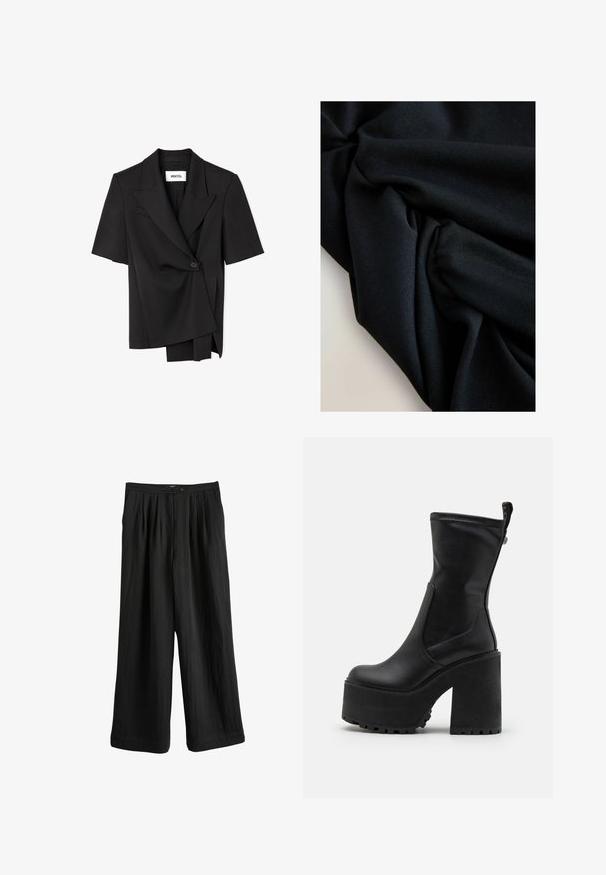 Asymmetrischer schwarzer Kurzarmblazer mit Ein-Knopf-Verschluss und weitem Revers, mit einem geschichteten Frontdesign und IPEKYOL Markenlabel.; Schwarzer Stoff mit sichtbarer Textur und Falten, die weiche Schatten und Lichtreflexe auf einer hellen Oberfläche erzeugen.; Schwarze Hosen mit weitem Bein aus leichtem Stoff, mit plissiertem Vorderteil, Knopfverschluss und glatter Textur.; Buffalo KILLAH SOCK BOOT - Plateaustiefel - black