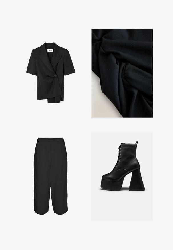 Blazer negro asimétrico de manga corta con cierre de un botón y solapas anchas, con diseño frontal en capas y etiqueta de la marca IPEKYOL.; Tejido negro con textura y pliegues visibles, creando sombras y luces suaves sobre una superficie de color claro.; Pantalones anchos negros con una textura suave, con cintura alta, dos botones en la parte frontal y detalles de pliegues para dar estructura.; Bota de tobillo negra con plataforma, con cordones delanteros y tacón ancho de bloque, textura de cuero lisa y tira para tirar en la parte trasera.