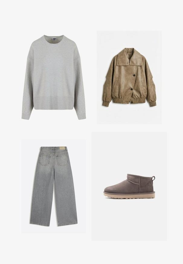 Taupe kunstlæderjakke med bred krave, knaplukning, elastiske manchetter og kant samt to skrå forlommer på hvid baggrund.; Lysegrå strikket sweater med rund hals, dropped skuldre og ribbet kant. Blød tekstur og afslappet pasform.; Grå vidbenede denimjeans der viser bagsiden med to lommer og bæltestropper lagt fladt på hvid baggrund.; Lav brun ruskindssko med lav ankelhøjde, slidstærk sål og træksnor på en ensartet baggrund.