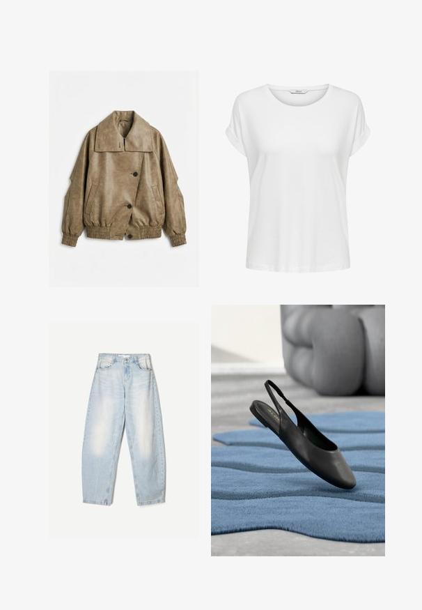 Taupe kunstlæderjakke med bred krave, knaplukning, elastiske manchetter og kant samt to skrå forlommer på hvid baggrund.; Hvid kortærmet t-shirt lavet af blød bomuld. Har en rund halsudskæring og rullede ærmer. Enkel design uden mønstre eller accenter.; Lyseblå denimbukser med en loose fit, der har en falmet finish, to forlommer og en knaplukning i taljen.; Sort læder slingback flad sko hvilende på et tekstureret blåt tæppe med en grå polstret baggrund.
