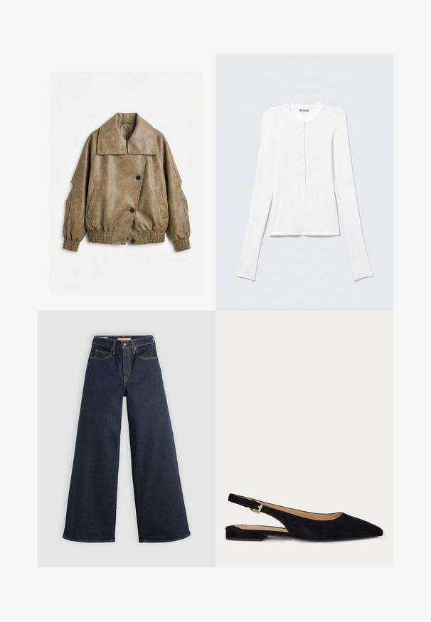 Veste en similicuir taupe avec large col, fermeture à boutons, poignets et bas élastiqués, et deux poches avant inclinées sur fond blanc.; Chemise Henley blanche à manches longues avec col rond et une rangée verticale de petits boutons au centre devant.; Jean en denim à jambe large, bleu foncé, avec des surpiqûres contrastées. Présente un design traditionnel à cinq poches et une fermeture à bouton à la taille.; Chaussure plate slingback en daim noir à bout pointu, avec un petit talon et une bride réglable avec boucle dorée.