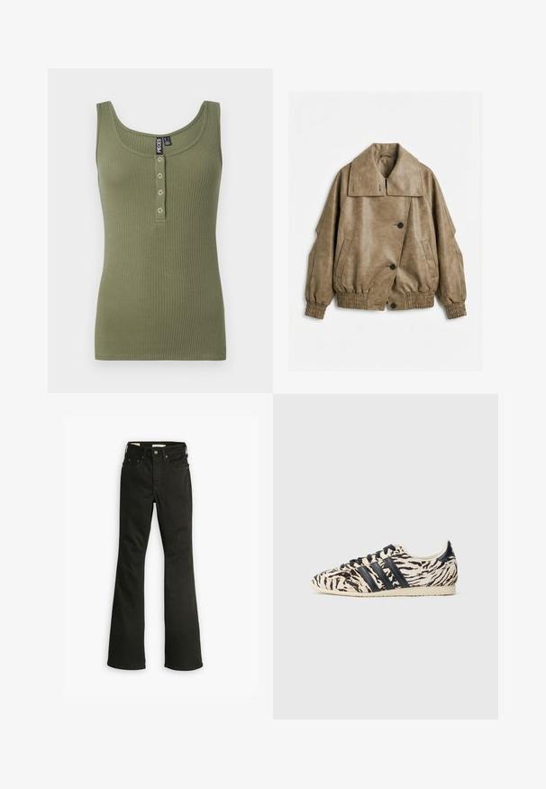Taupe kunstlæderjakke med bred krave, knaplukning, elastiske manchetter og kant samt to skrå forlommer på hvid baggrund.; Olivengrøn ribbet tanktop med en rund halsudskæring og fem knaplukninger foran. Blød tekstur og tætsiddende design.; Sorte flared jeans lavet af denim. Har et klassisk fem-lomme design med lynlås, kraftig syning og en ren kant.; Adidas sneakers med tigerstribet mønster, der har en beige og sort pelslignende tekstur, på en cremefarvet gummisål med sorte snørebånd og striber.