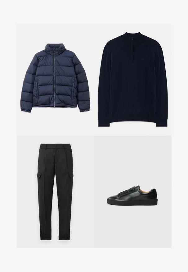 Marineblå jakke i puffer-design med høj krave, lynlås foran og quiltet mønster med horisontale sektioner for isolering. Glat, blankt stoffinish.; Marineblå pullovertrøje med lynlås i kraven, ribbet halsudskæring og ærmer. Blød tekstur og lange ærmer, med en minimalistisk logo-detalje.; Sorte cargo bukser med elastisk talje, tapered ben, sidelommer og en enkelt cargo lomme på venstre lår. Glat tekstur.; Sorte lædersneakers med en glat overflade, rund tå og snørebåndslukning. Har en tyk gummisål og minimal branddetalje.