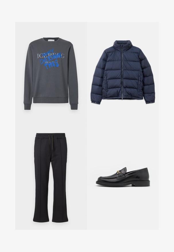 Veste matelassée bleu marine avec un col haut, fermeture éclair à l'avant et un design matelassé avec des sections horizontales pour l'isolation. Finition en tissu lisse et brillant.; Iceberg FELPA - Sweatshirt - grigio scuro; Un pantalon de survêtement noir avec une coupe évasée, doté de deux poches zippées sur les côtés et d'une taille réglable avec cordon de serrage. Texture lisse et branding minimal.; Mocassins en cuir noir avec un embout rond, présentant des accents en métal doré et des détails de couture, montés sur une semelle en caoutchouc texturé et basse.