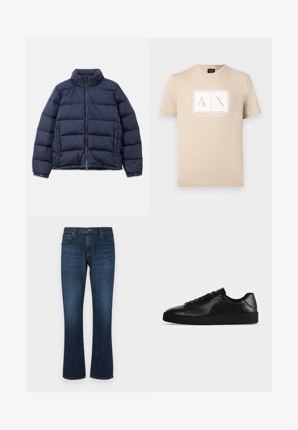 Marineblå jakke i puffer-design med høj krave, lynlås foran og quiltet mønster med horisontale sektioner for isolering. Glat, blankt stoffinish.; Beige T-shirt med korte ærmer og rund hals, med Armani Exchange "A|X" logo i hvid, centreret på brystet.; Mørkeblå denimjeans med lige ben-design, fem lommer og metalknap-lukning. Glat tekstur med subtil falming.; Svært lavprofileret sort lædersneaker med snørebånd foran og tekstureret flad sål, vist fra siden på en neutral baggrund.
