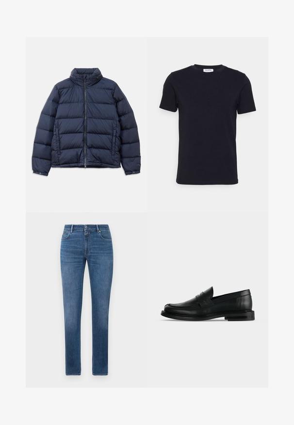 Veste matelassée bleu marine avec un col haut, fermeture éclair à l'avant et un design matelassé avec des sections horizontales pour l'isolation. Finition en tissu lisse et brillant.; T-shirt noir à manches courtes avec un col ras-du-cou, muni d'une petite étiquette blanche à l'intérieur du col.; Jeans en denim bleu coupe droite avec fermeture à bouton à l'avant, fermeture éclair et cinq poches, affichés sur un fond blanc.; Mocassin penny pour homme en cuir noir avec talon bas empilé et bout arrondi, vu de profil sur fond gris clair.
