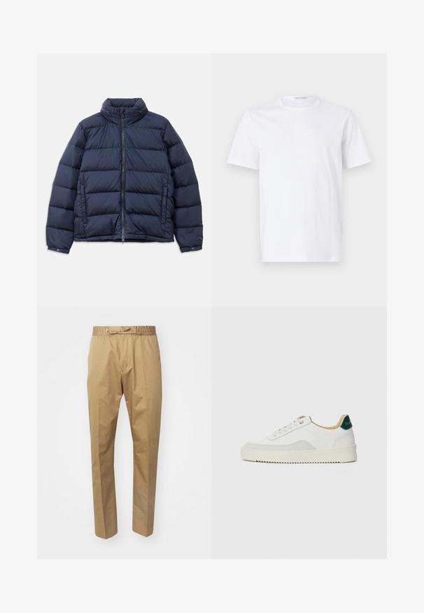 Marineblå jakke i puffer-design med høj krave, lynlås foran og quiltet mønster med horisontale sektioner for isolering. Glat, blankt stoffinish.; Hvid bomulds t-shirt med rund halsudskæring og korte ærmer. Glat tekstur, lige snit og minimalistisk design uden mønstre eller accenter.; Beige bukser med elastisk talje og justerbar snøre. Glat tekstur, lige ben og minimalistisk design.; Hvide sneakers med ruskindsdetaljer, rund tå, flade snørebånd og en cremet gummisål. Har grøn branding på hælen.